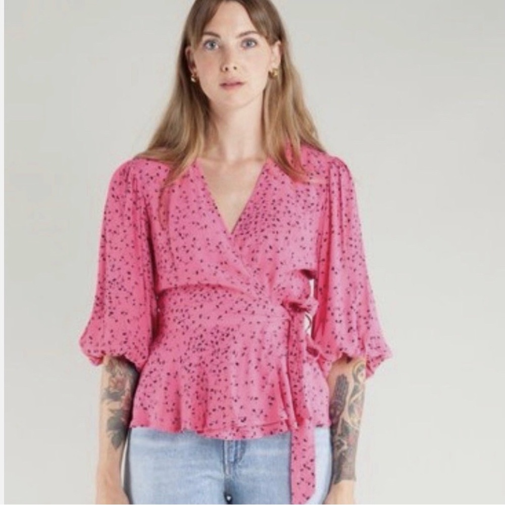GANNI Barra Crepe Wrap Top Women Pink Floral Top Size 38/Medium